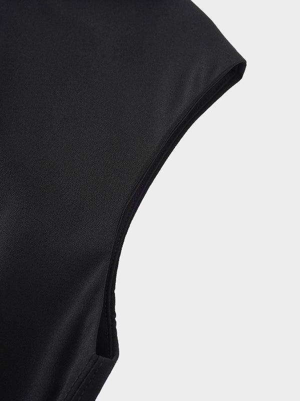 Faux Satin Crew Neck Slip Dress-Black