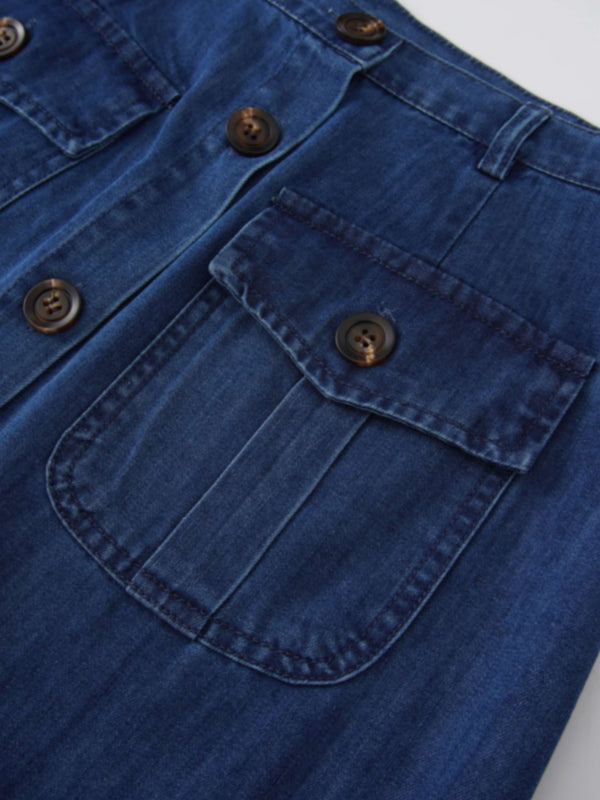 Bottom Ruffle Button Down Denim Skirt-Blue