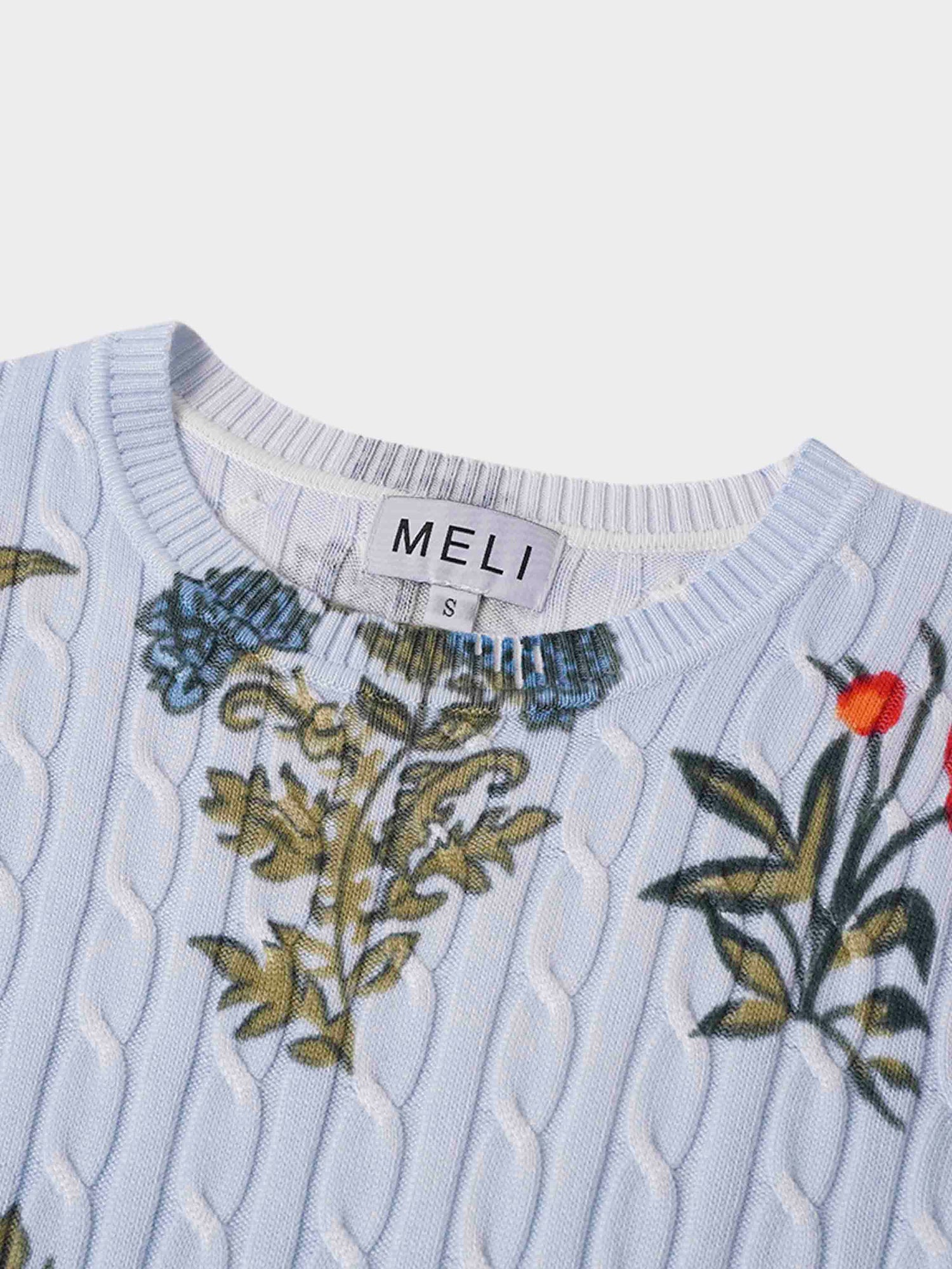 Printed Cable Knit Sweater-Light Blue Floral