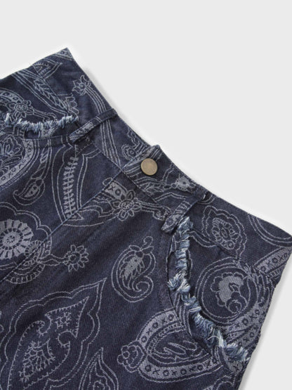 Printed Fringe Denim Skirt-Paisley Print