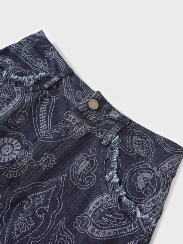 Printed Fringe Denim Skirt-Paisley Print