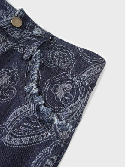 Printed Fringe Denim Skirt-Paisley Print