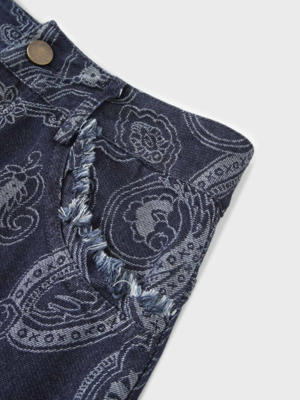 Printed Fringe Denim Skirt-Paisley Print