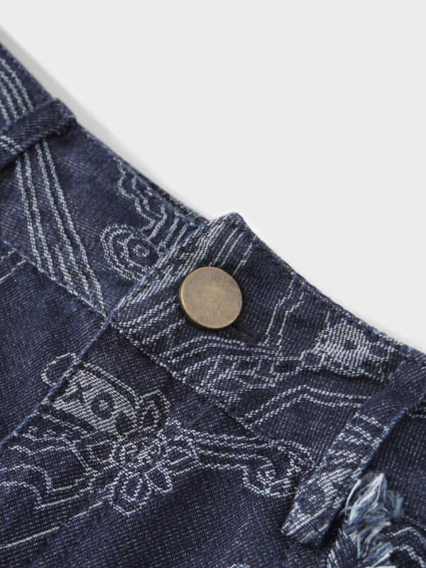 Printed Fringe Denim Skirt-Paisley Print
