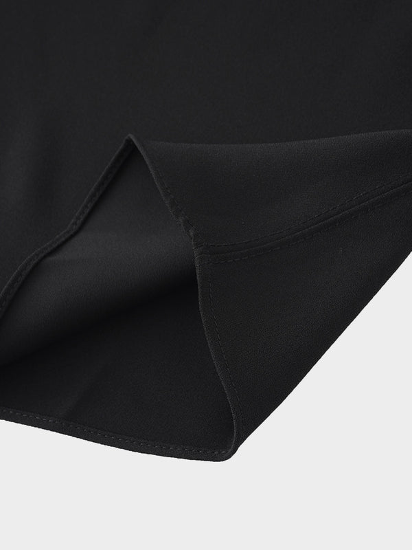 Faux Satin Crew Neck Slip Dress-Black