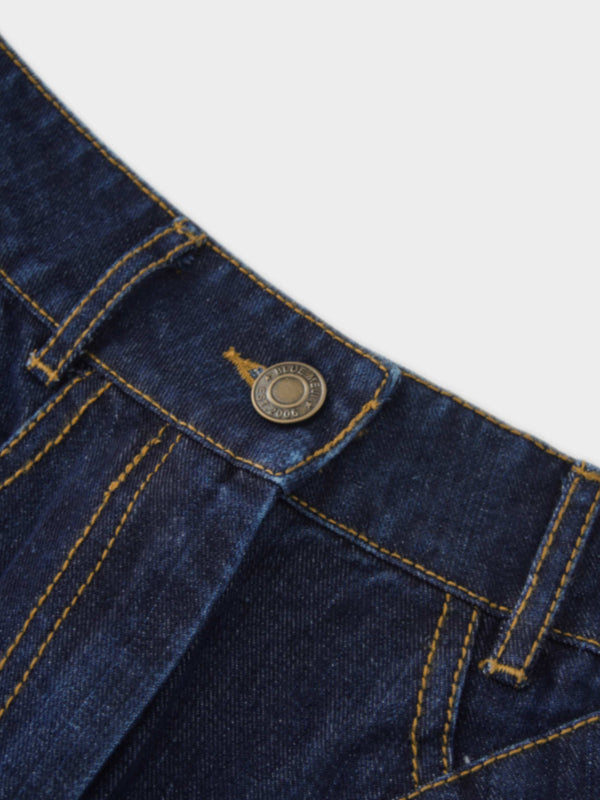 Stitched Design Denim Skirt-Dark Blue