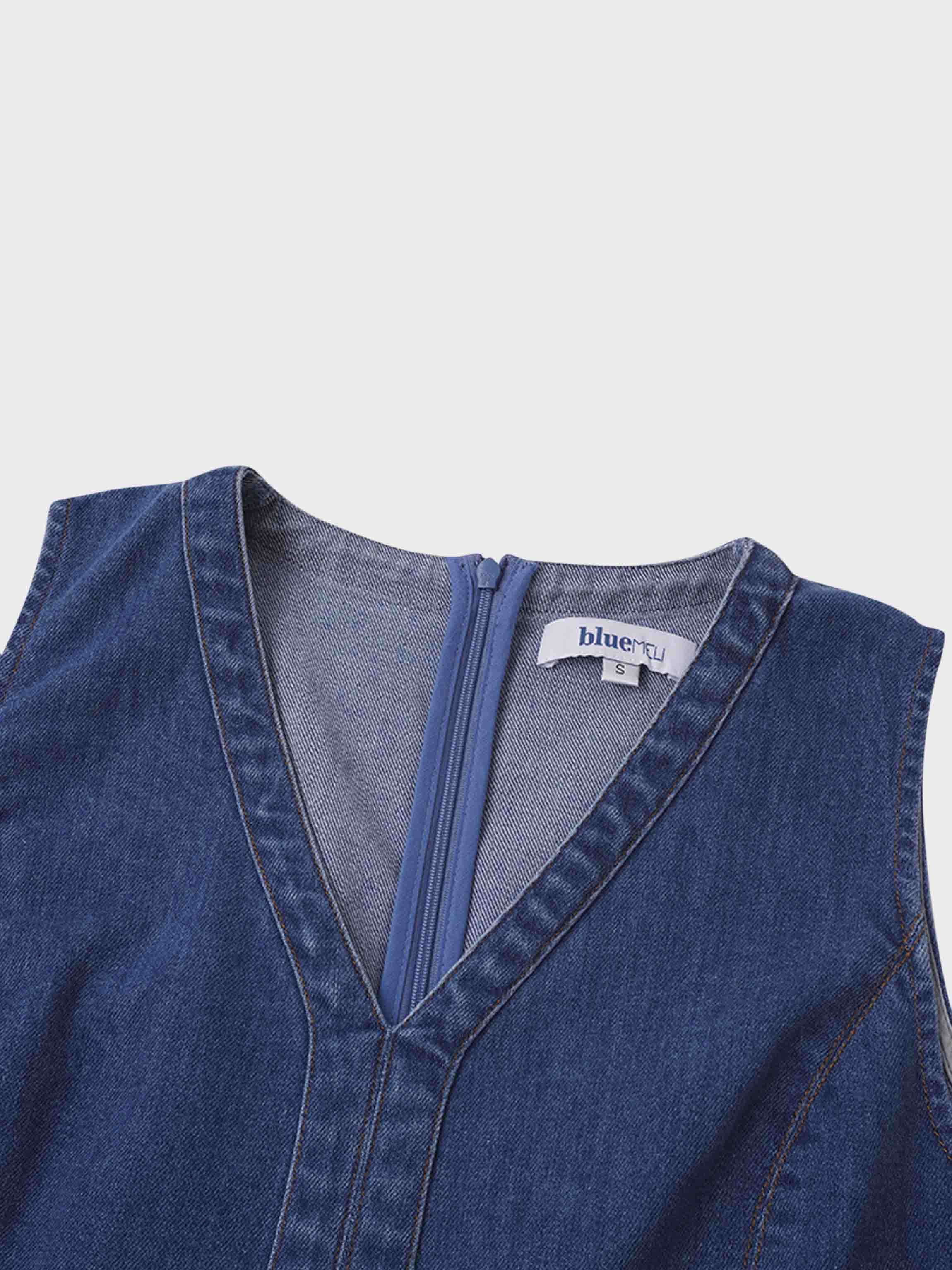 High Waisted V Neck Denim Jumper-Blue