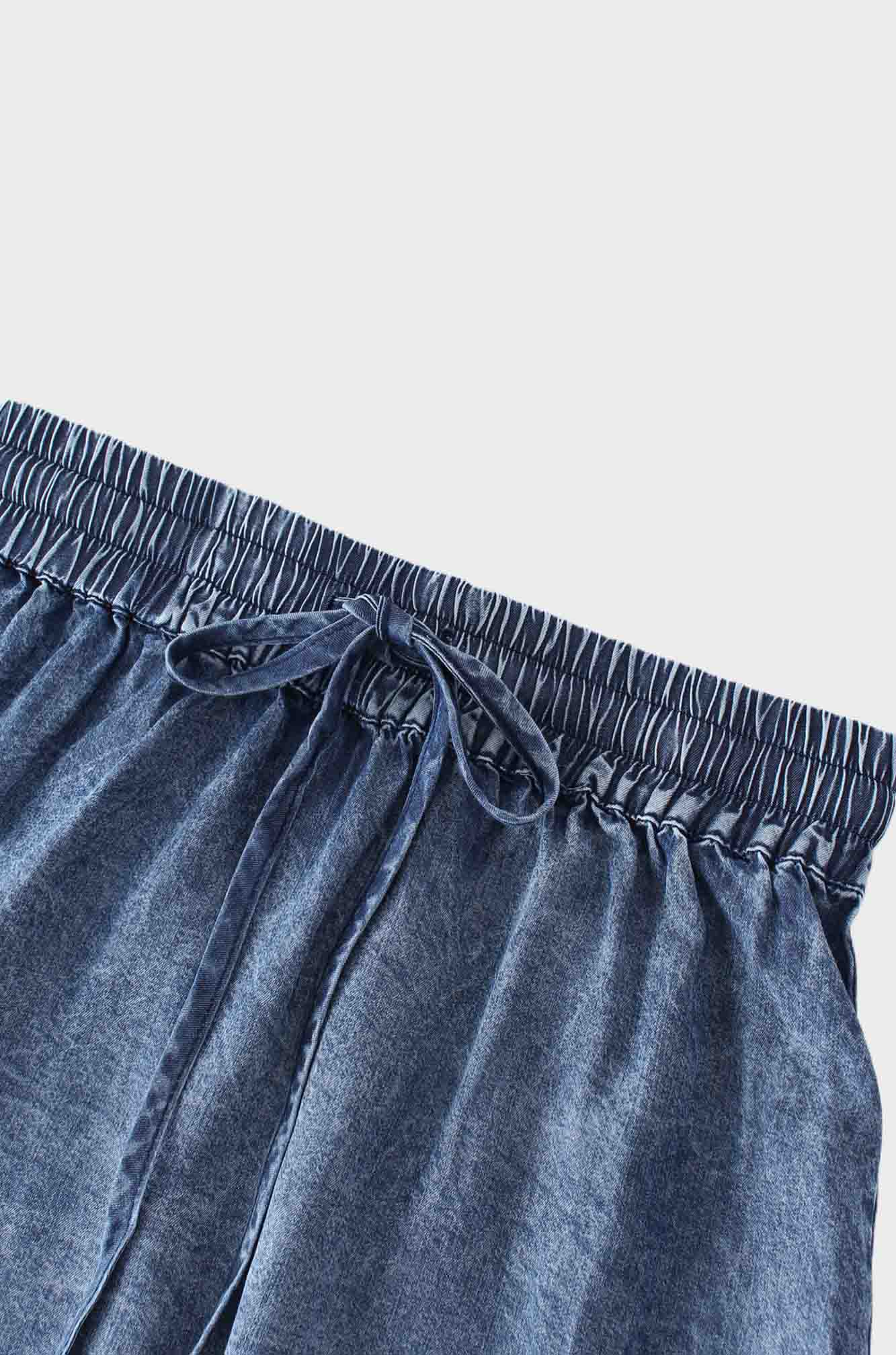 Washed Drawstring Denim Skirt-Blue