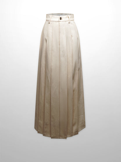 Stitched Pleated Denim Skirt-Cream