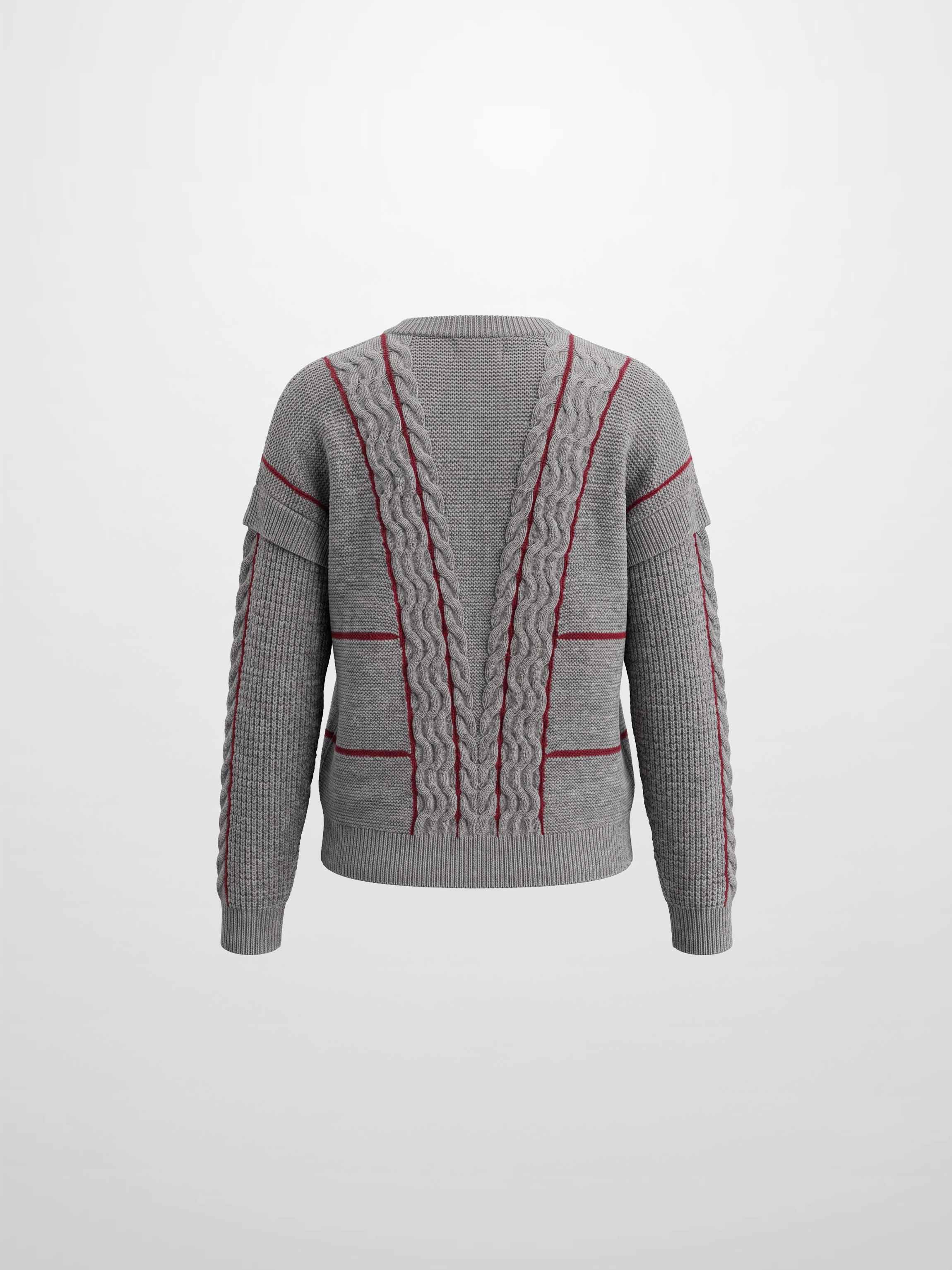 Mix Cable Striped Sweater - Grey/Burgundy