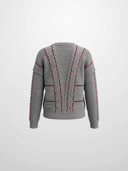 Mix Cable Striped Sweater - Grey/Burgundy