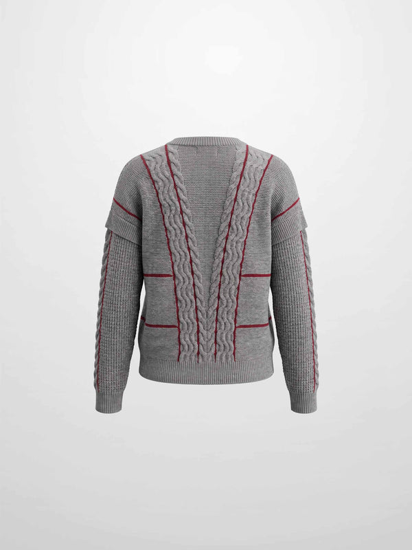 Mix Cable Striped Sweater - Grey/Burgundy