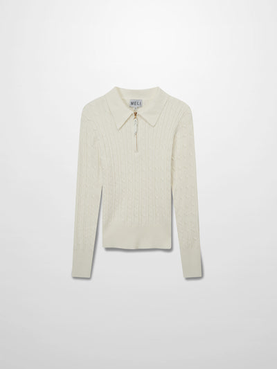 Leather Pull Half Zip Cable Polo-Ivory