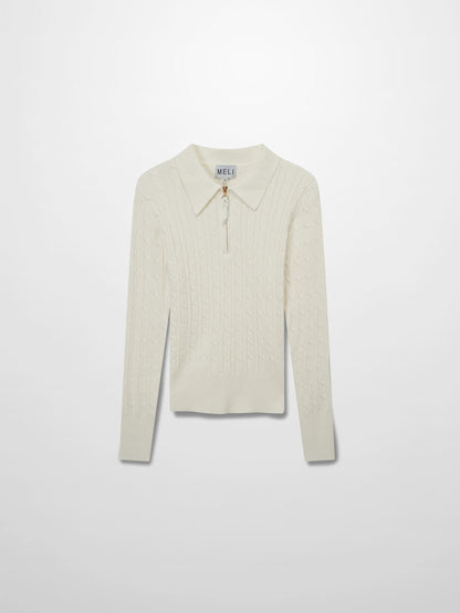 Leather Pull Half Zip Cable Polo-Ivory