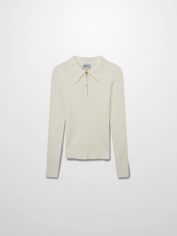 Leather Pull Half Zip Cable Polo-Ivory