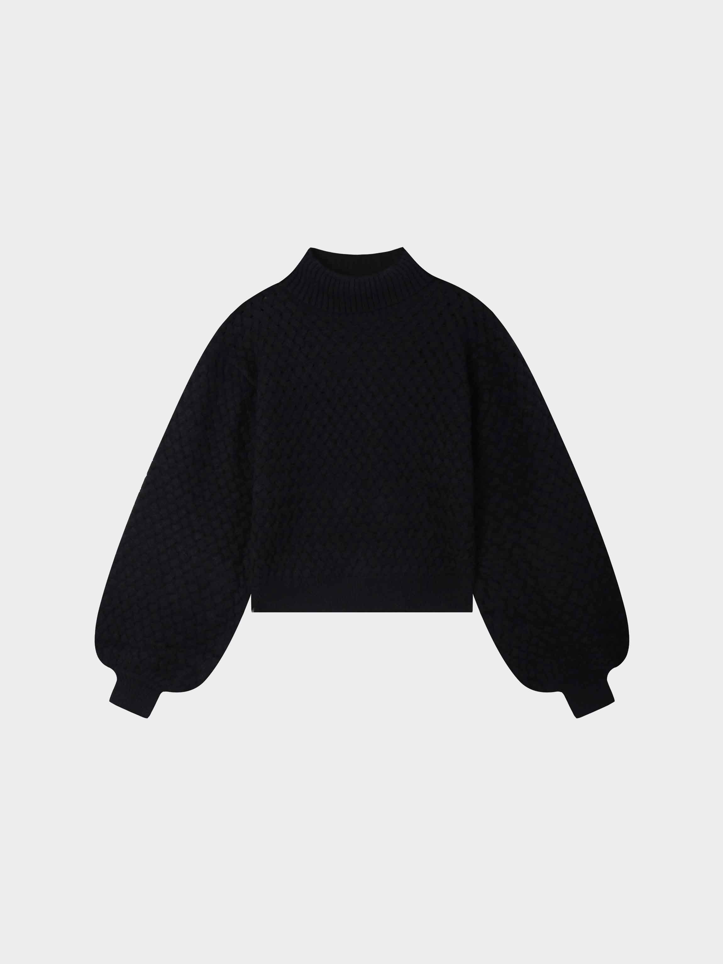 Basketweave Turtleneck Sweater-Black