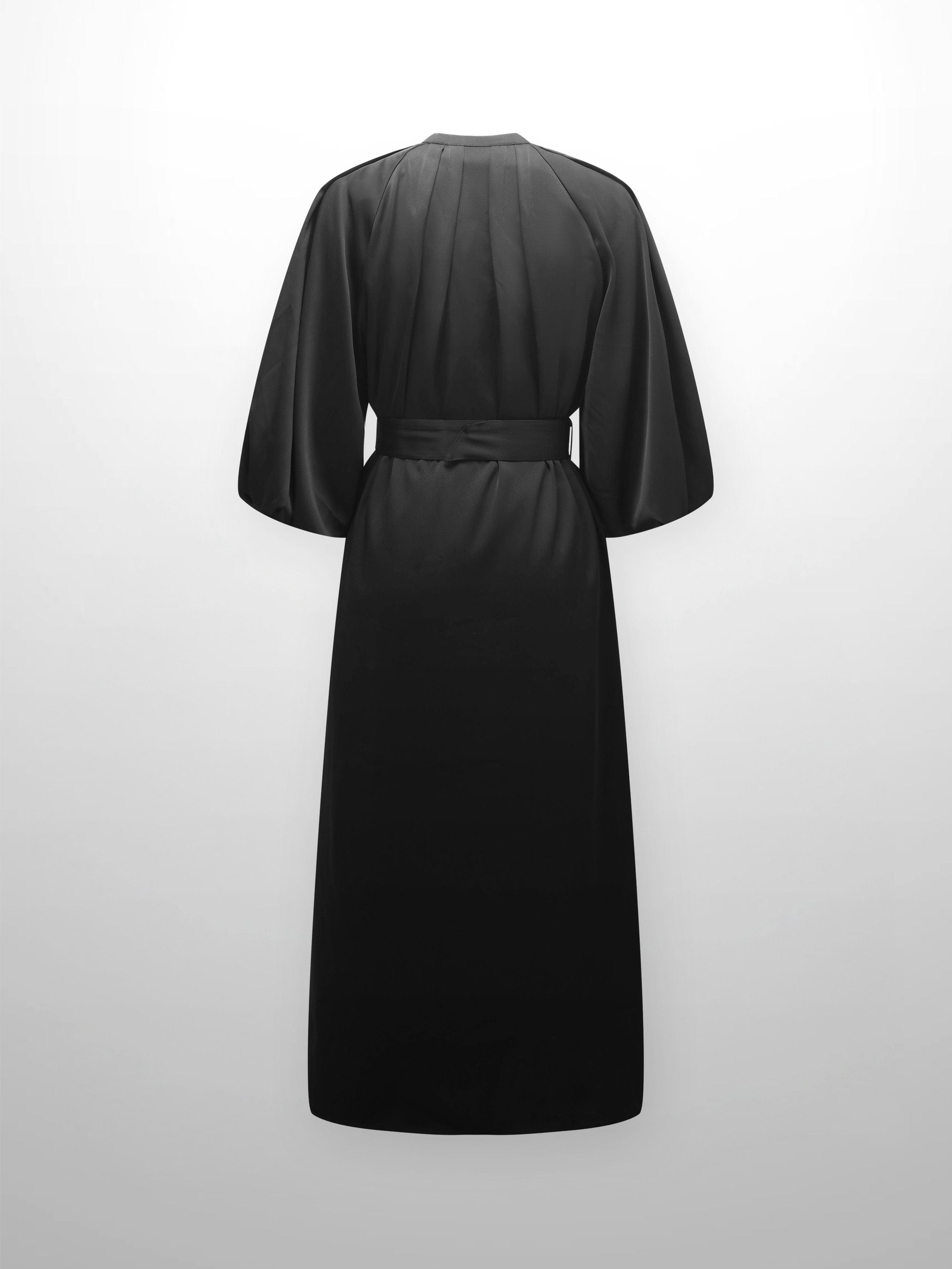 Pleat Neck Belted Dress-Black