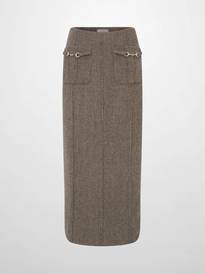 Herringbone Pocket Detail Skirt - Brown/Tan