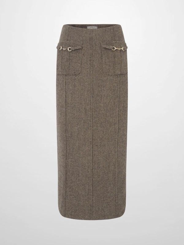 Herringbone Pocket Detail Skirt - Brown/Tan