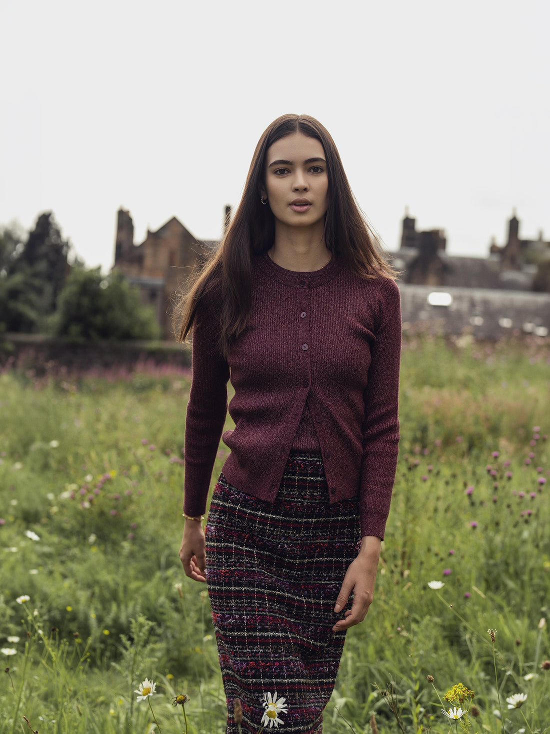 A-Line High Low Skirt-Burgundy Tweed