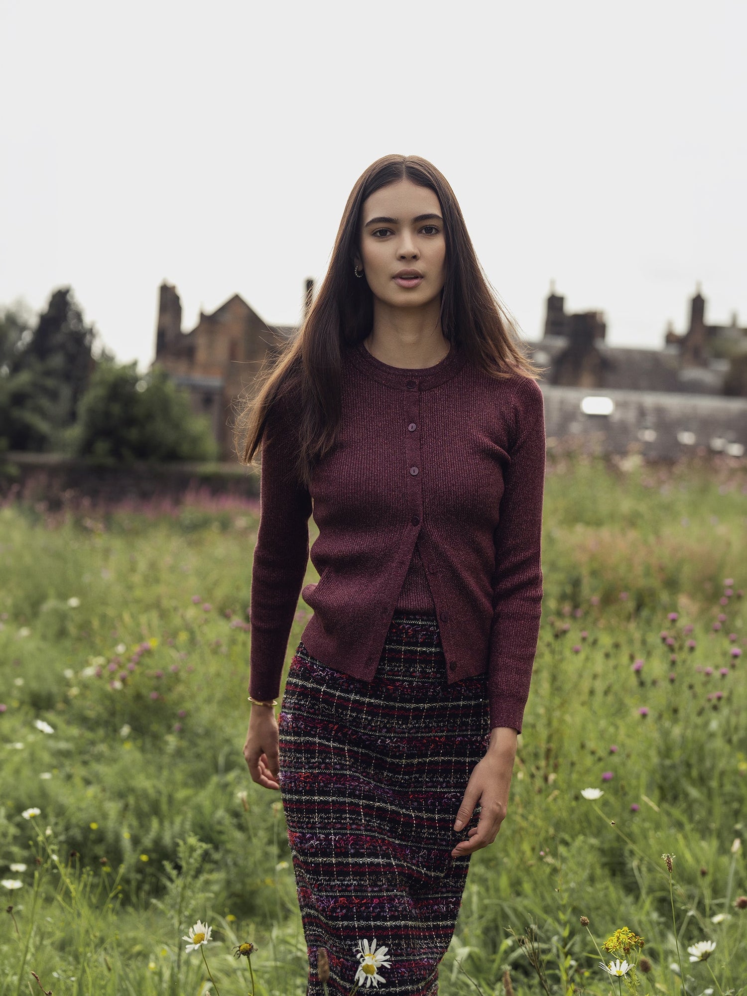 A-Line High Low Skirt-Burgundy Tweed