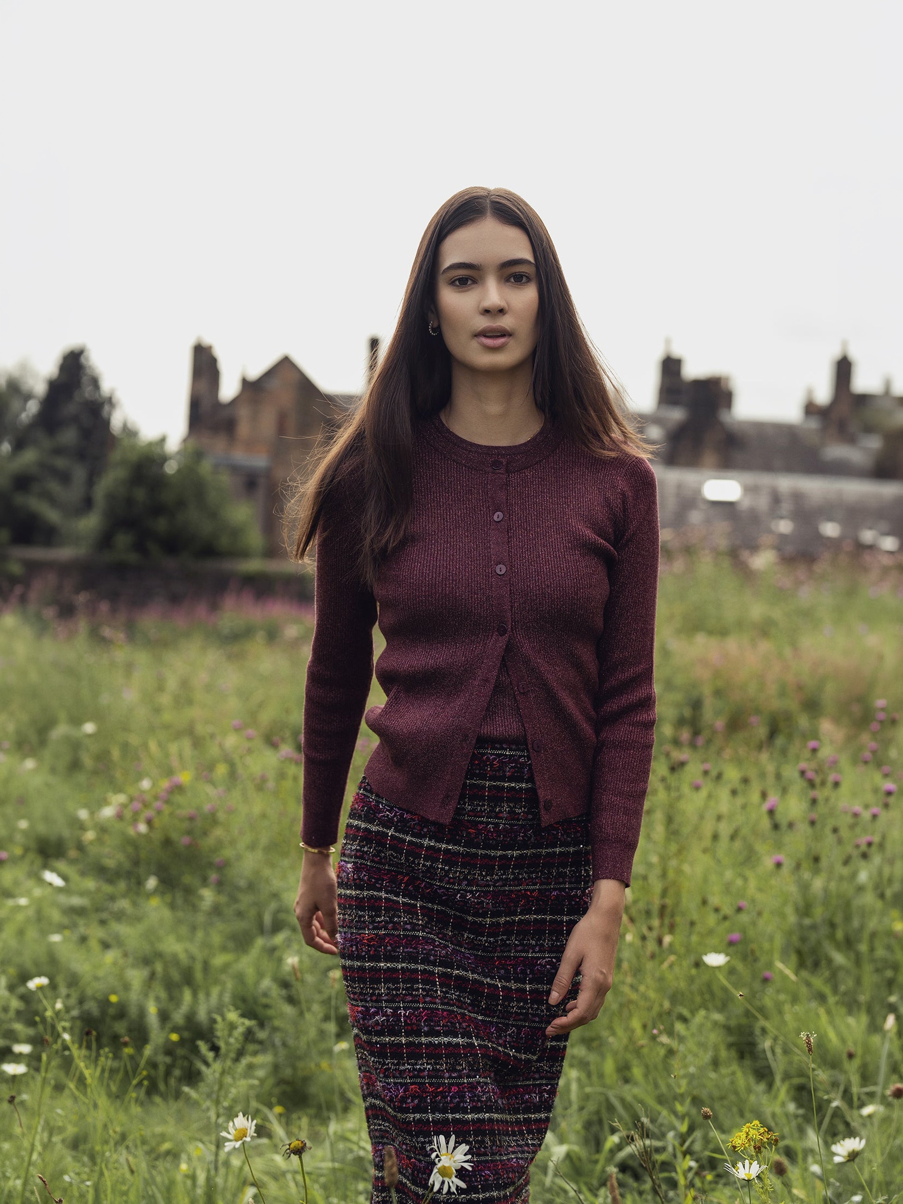 A-Line High Low Skirt-Burgundy Tweed