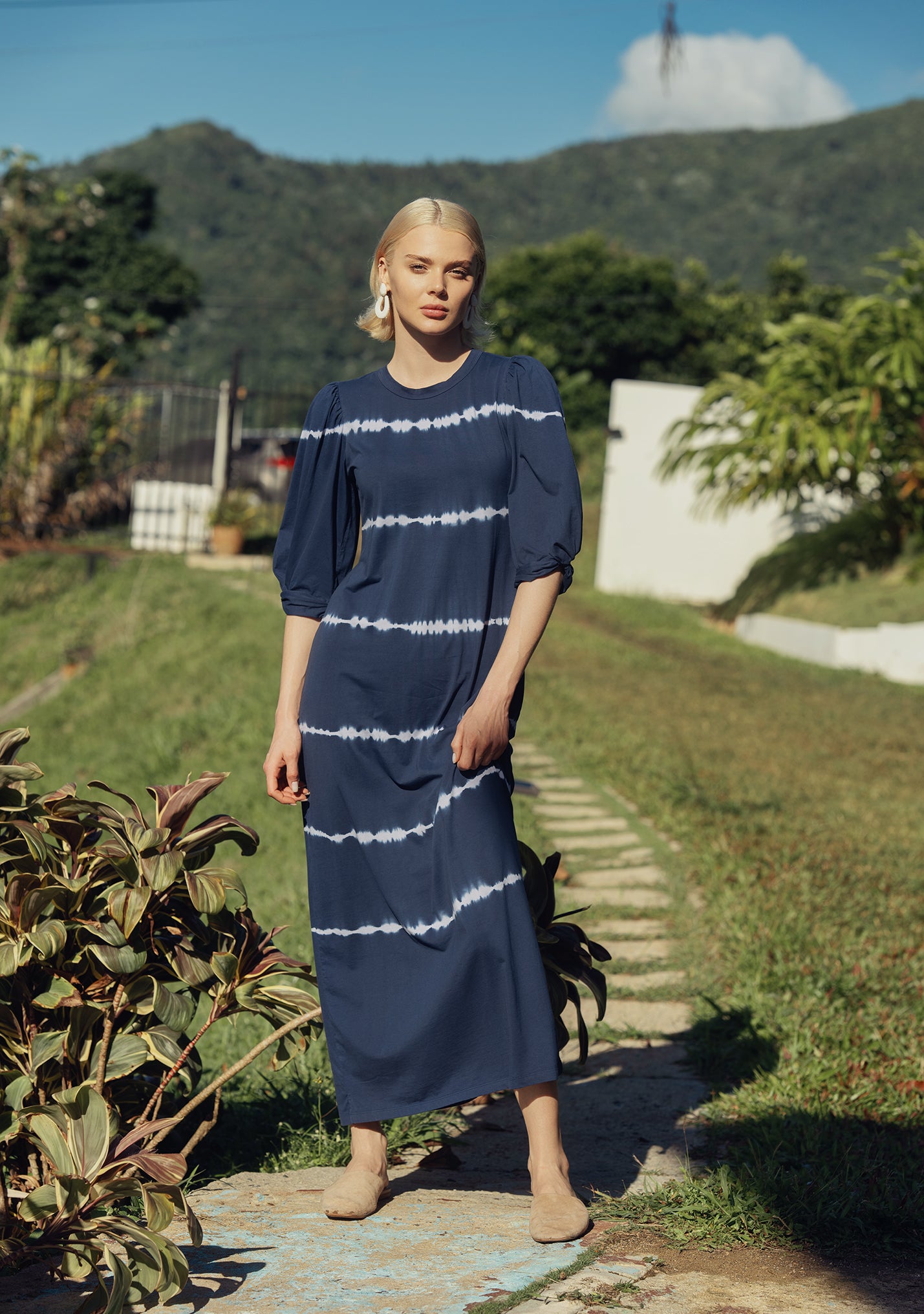 Tie Dye T-shirt Dress-Blue/White