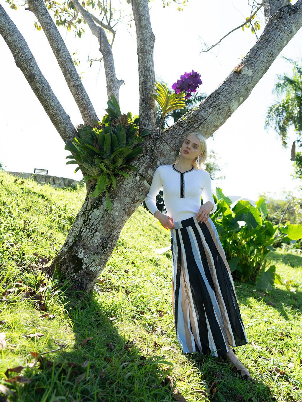 Multi Stripe Skirt-Tan/Blue/White