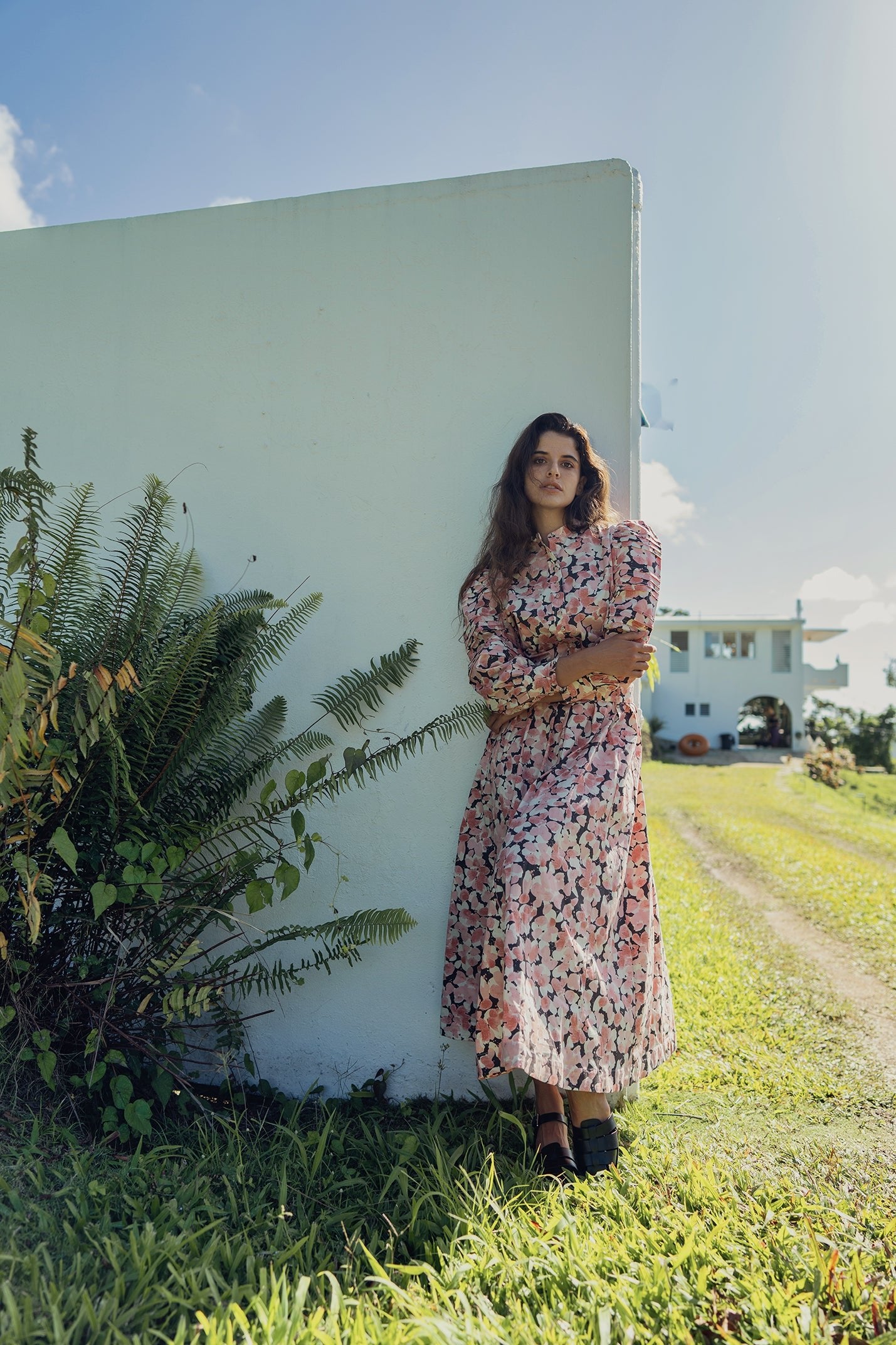 Blusa de manga plisada-Floral rosa/negro