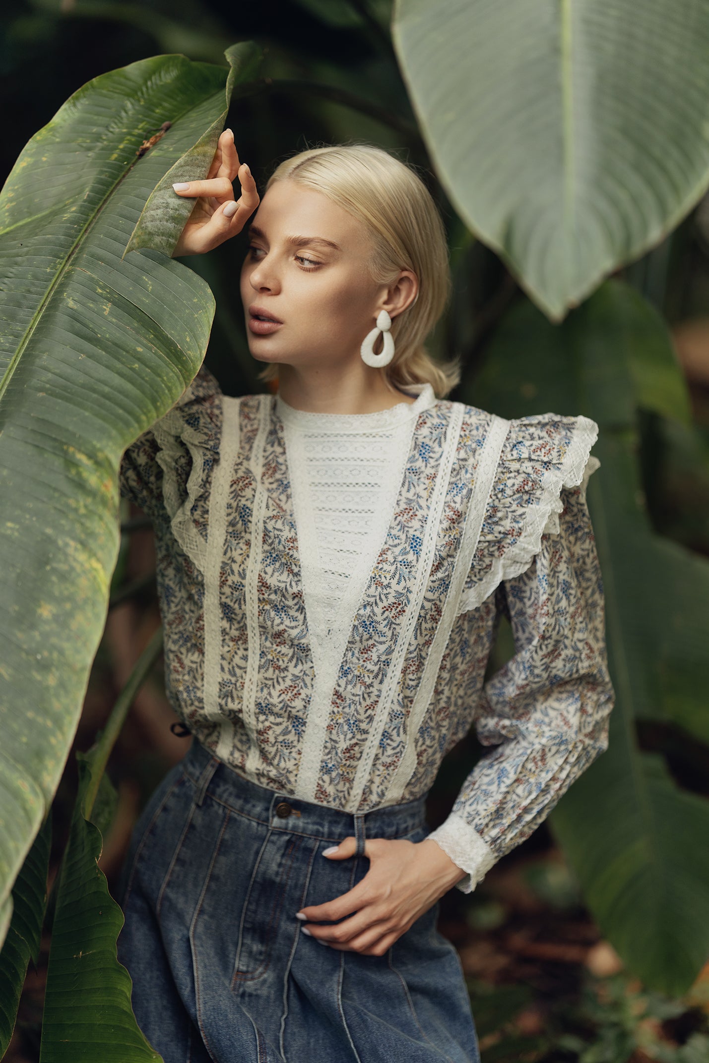 Lace Trim Blouse-Colored Floral