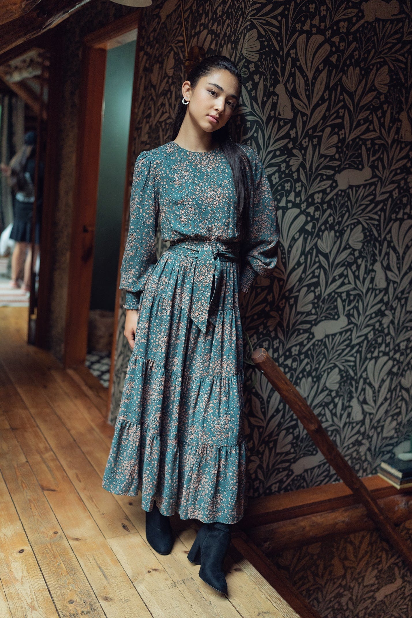 BELTED PEASANT DRESS- AQUA POPPY