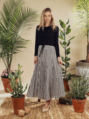 Top Stitched Pleated Skirt-B/W Checkered