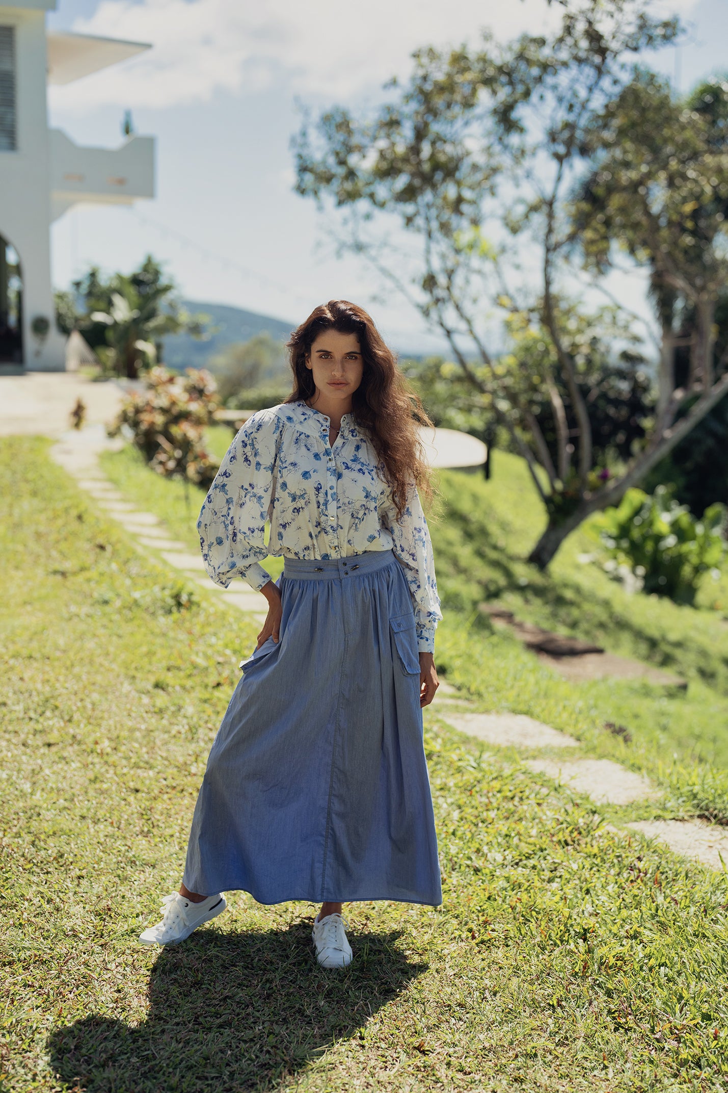 Falda con tirador en la cintura-Chambray Azul