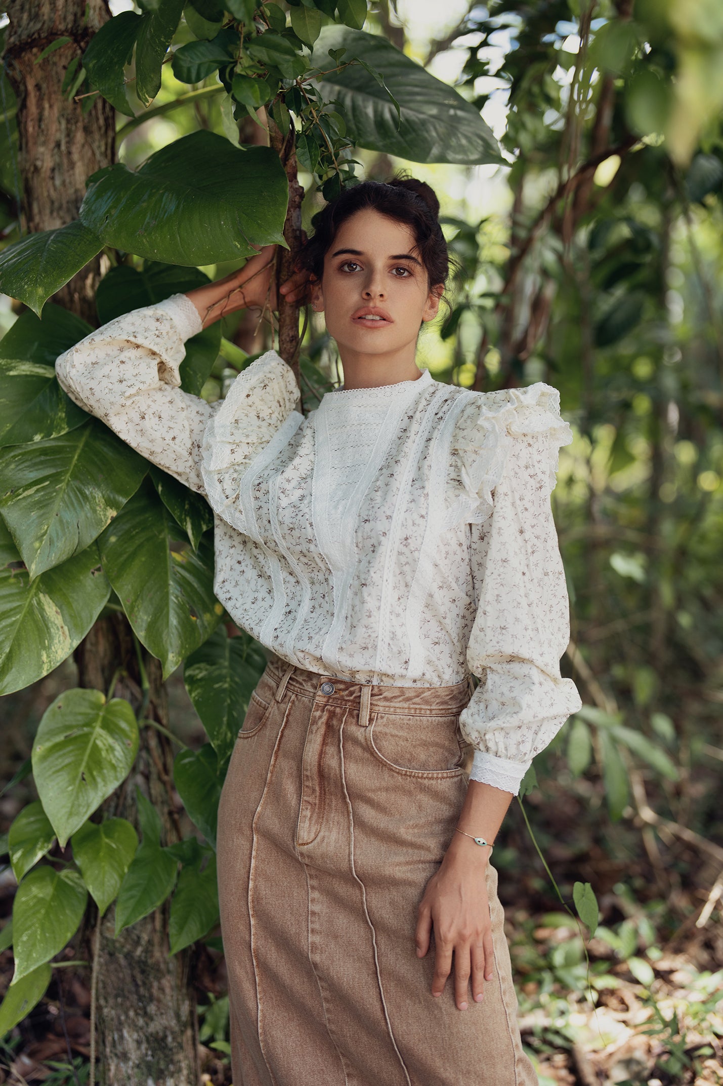 Lace Trim Blouse-Brown Floral