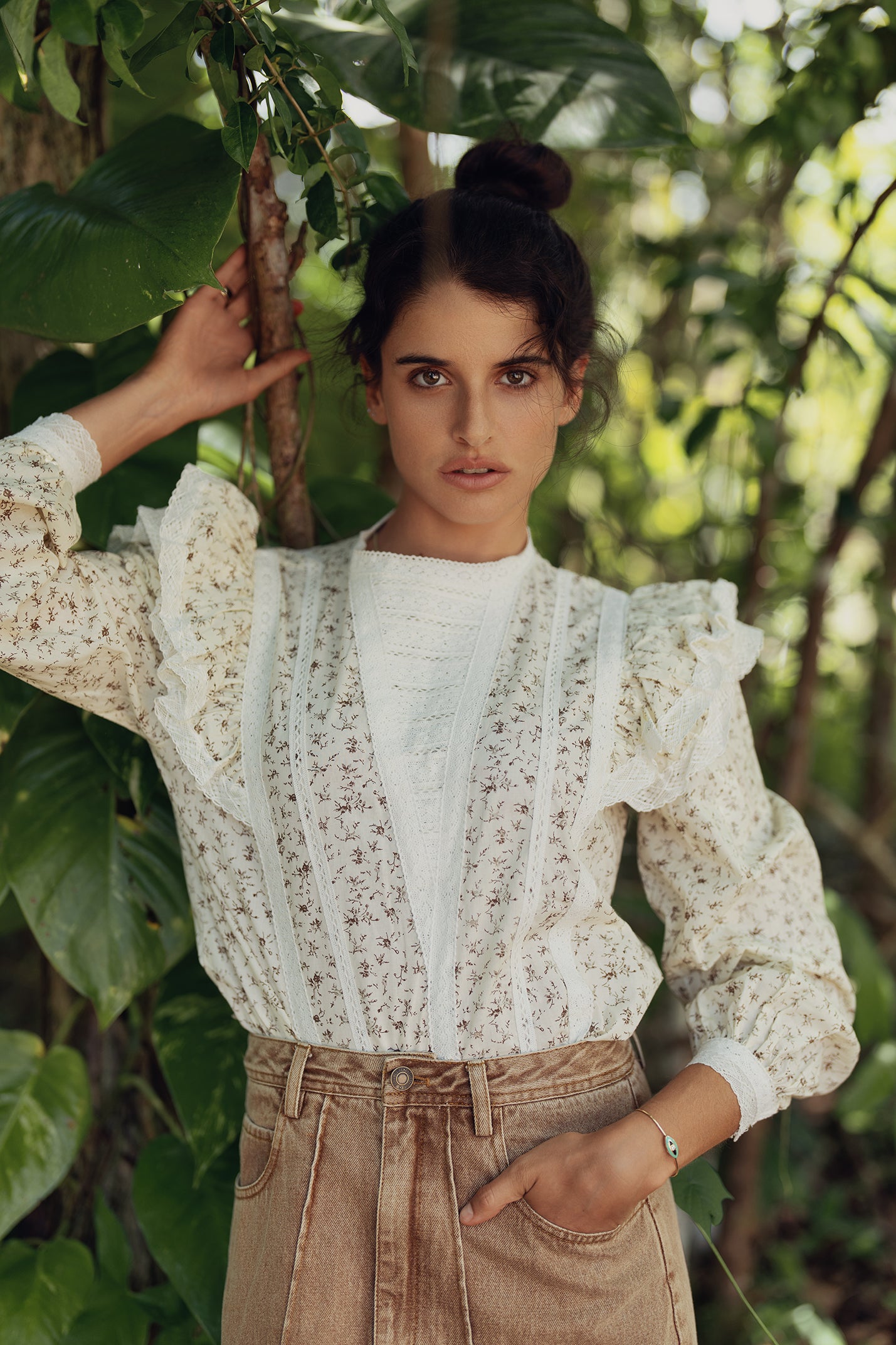 Lace Trim Blouse-Brown Floral