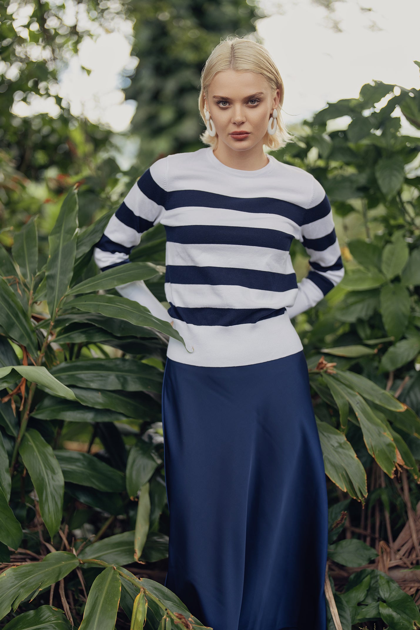 Striped Cotton Sweater-Navy