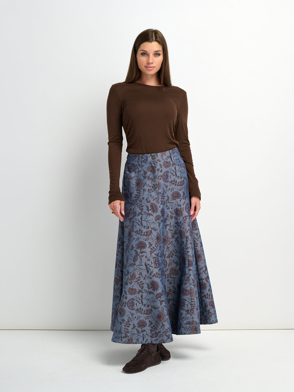 Floral Yoke Denim Skirt - Blue Floral