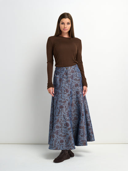 Floral Yoke Denim Skirt - Blue Floral