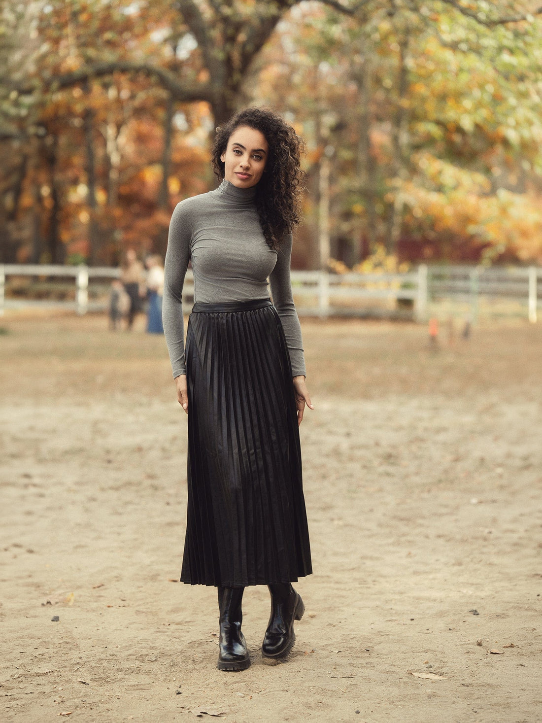 Accordion Pleated Faux Leather Skirt-Black