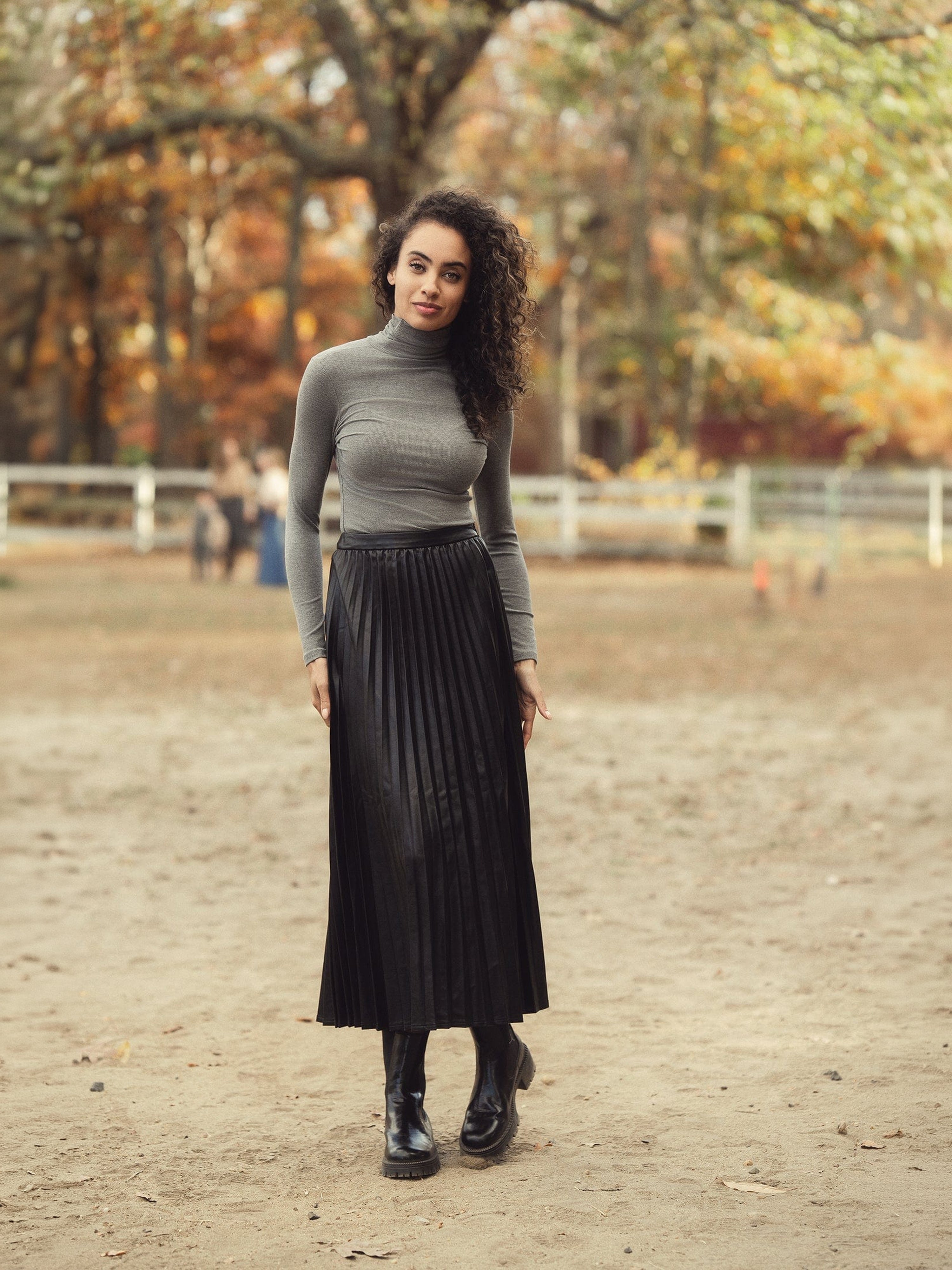 Accordion Pleated Faux Leather Skirt-Black