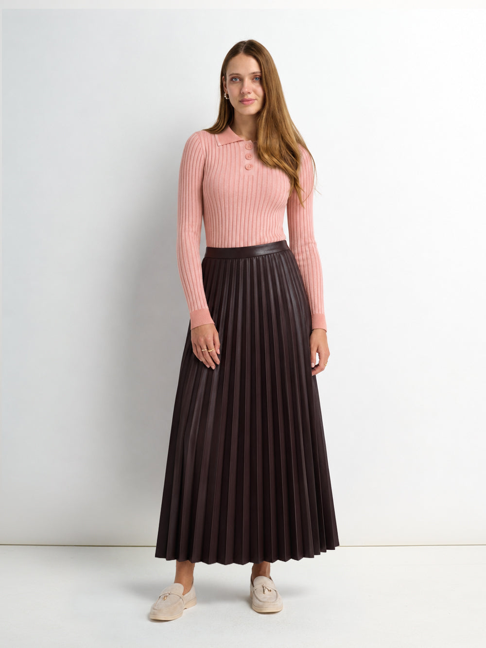 Accordion Pleated Faux Leather Skirt-Brown