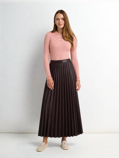 Accordion Pleated Faux Leather Skirt-Brown