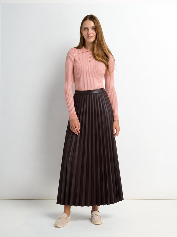 Accordion Pleated Faux Leather Skirt-Brown