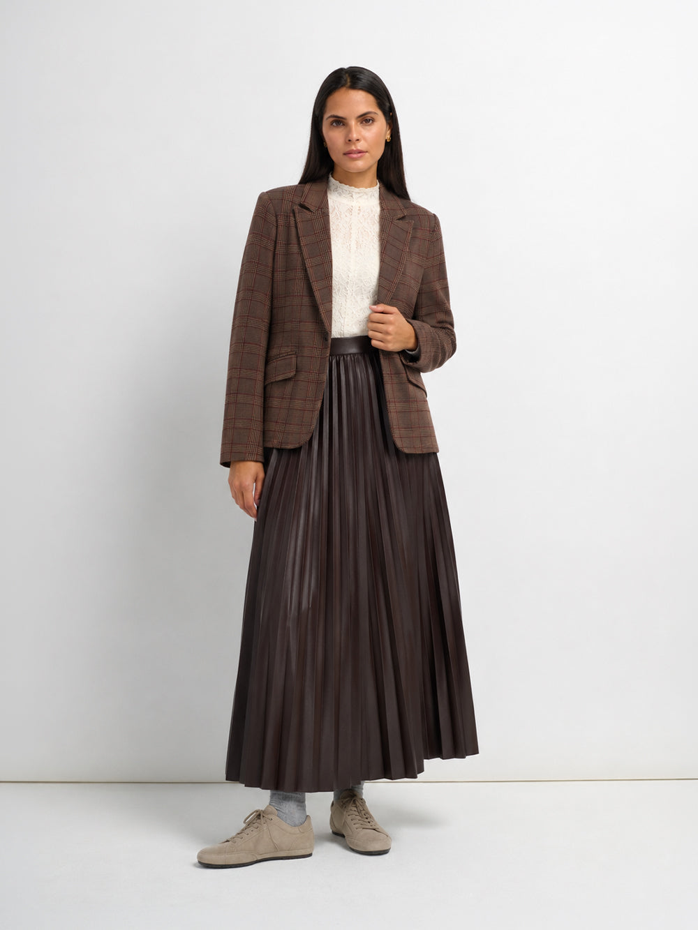 Accordion Pleated Faux Leather Skirt-Chocolate Brown