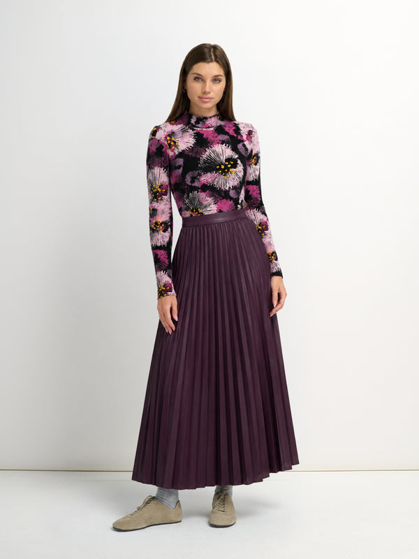 Accordion Pleated Faux Leather Skirt-Eggplant