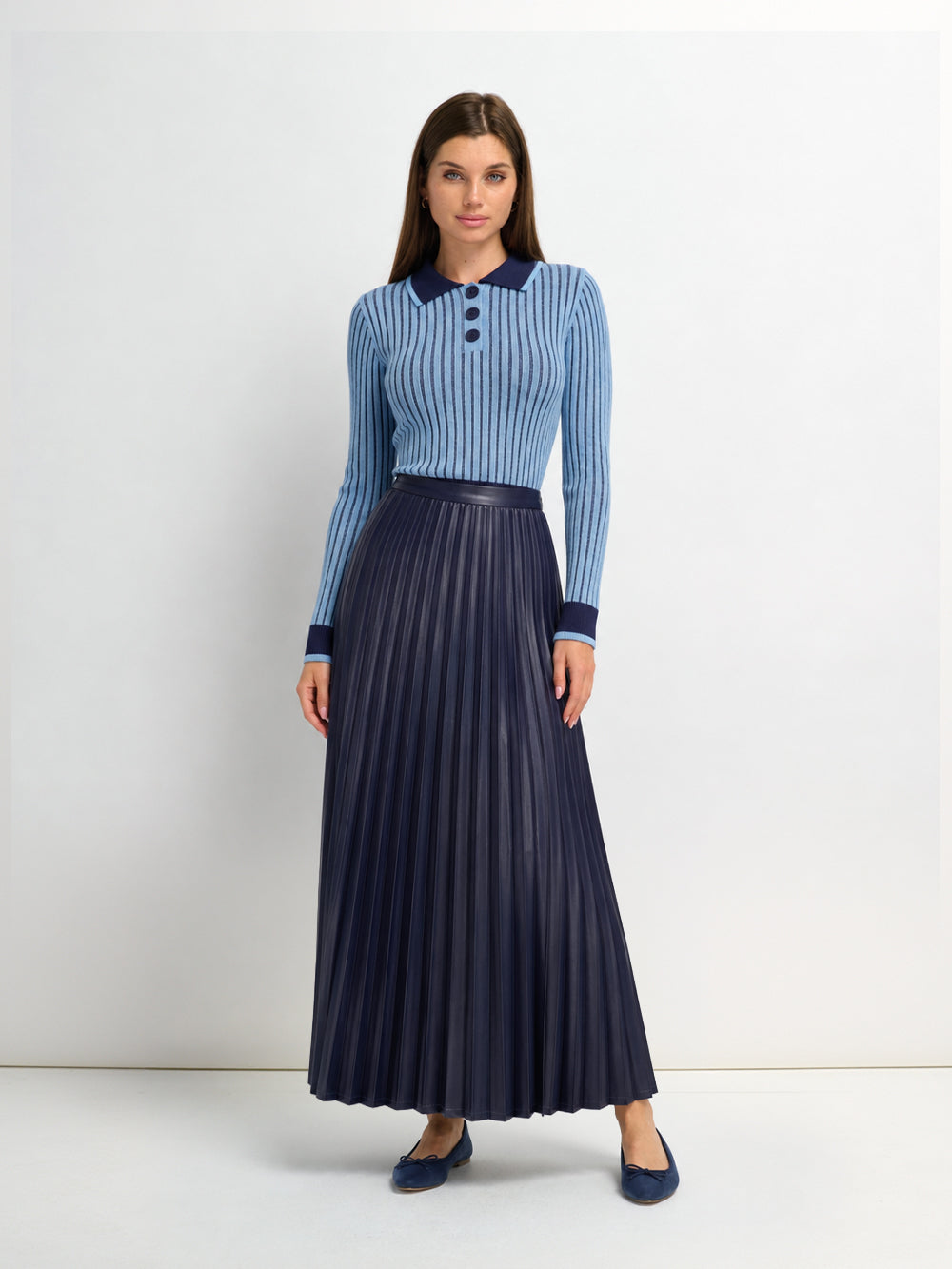 Accordion Pleated Faux Leather Skirt-Navy