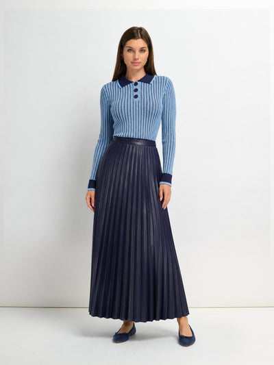 Accordion Pleated Faux Leather Skirt-Navy