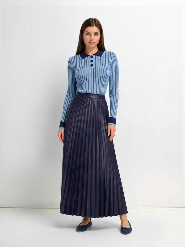 Accordion Pleated Faux Leather Skirt-Navy