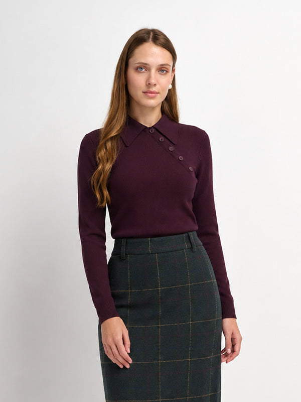 Asymmetrical Button Collar Sweater - Burgundy