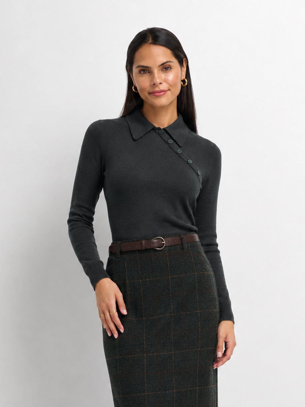 Asymmetrical Button Collar Sweater - Grey